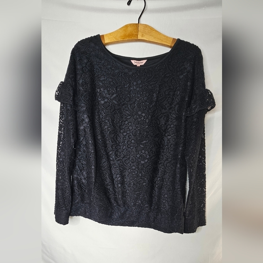 Juicy Couture  Black Lace Top Blouse XL NWT Long Sleeve Ruffle  Whimsy Goth
